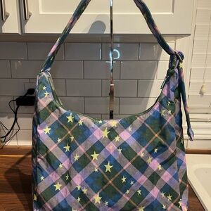Baggu Green Star Plaid Nylon Shoulder Bag
